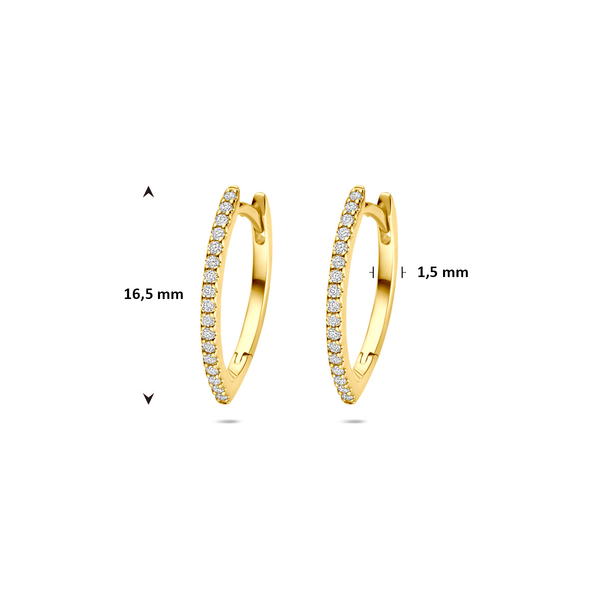 Afmetingen van de gouden klapoorringen met diamant van 14 karaat: 16,5 mm hoog en 12 mm breed.