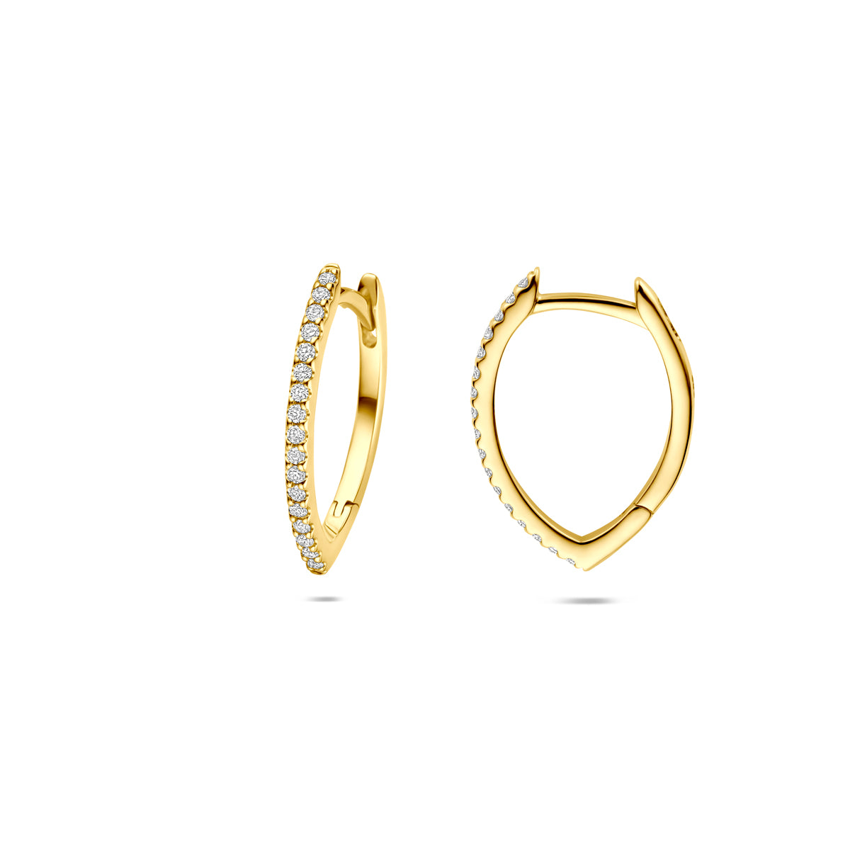 Voor- en zijaanzicht van de gouden klapoorringen met diamant van 14 karaat.