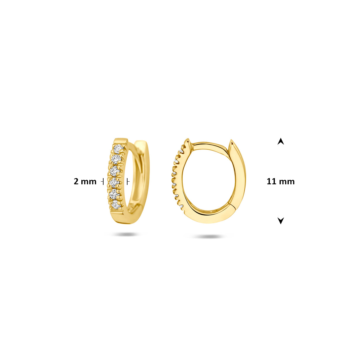 Afmetingen van de gouden ovale klapoorringen met lab grown diamant van 14 karaat: 11 mm hoog, 9,5 mm breed en 2 mm dik.