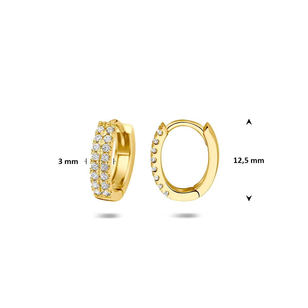 Afmetingen van de gouden ovale klapoorringen met zirkonia van 14 karaat: 12,5 mm hoog en 3 mm breed.