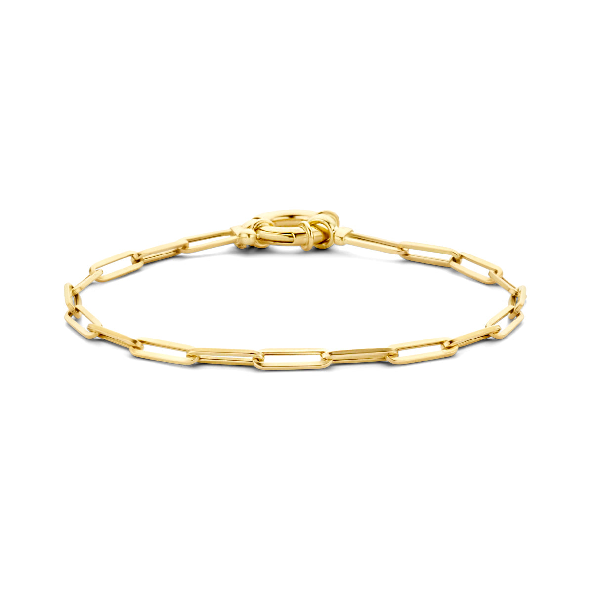 Vooraanzicht van de gouden paperclip armband van 14 karaat.