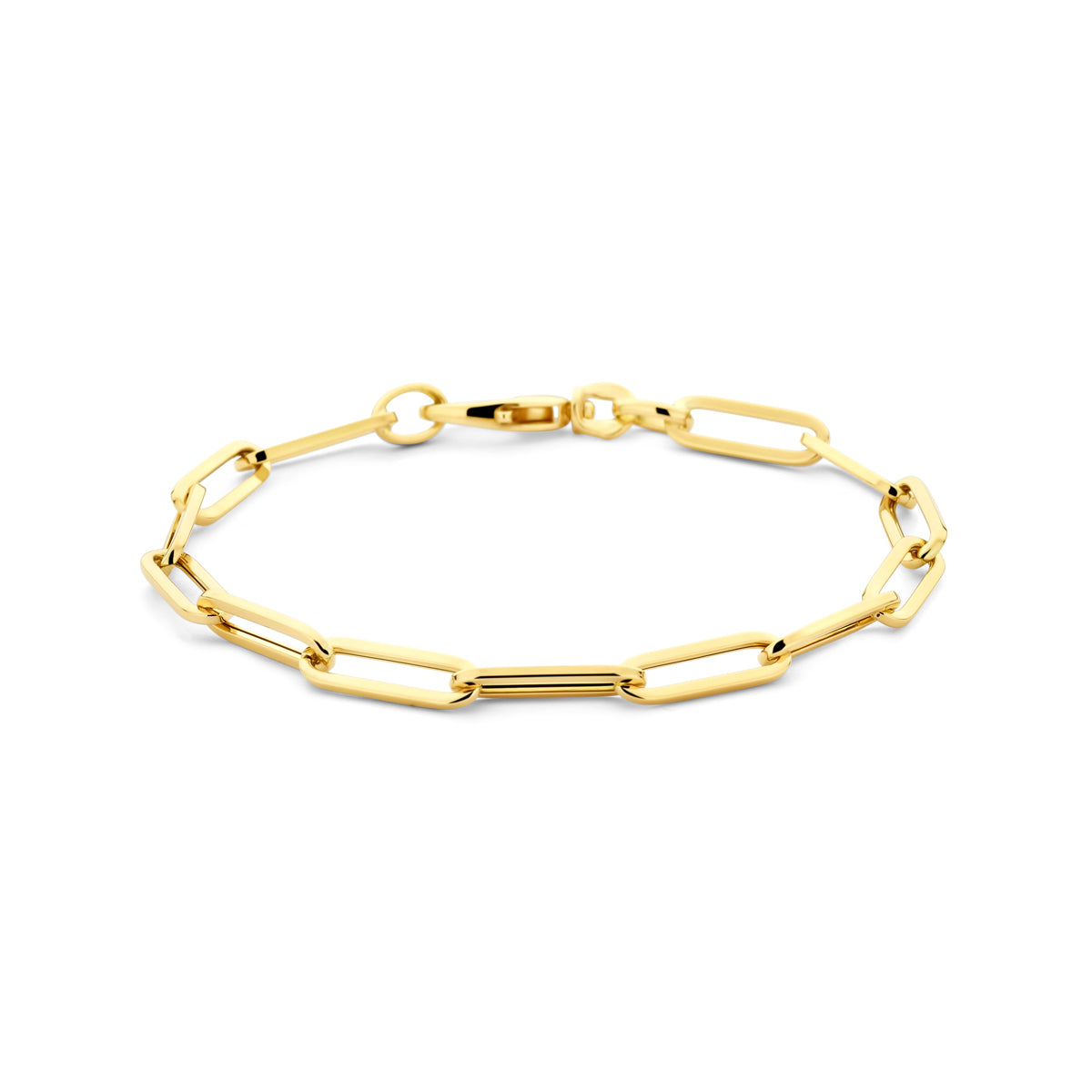 Vooraanzicht van de gouden paperclip armband van 14 karaat.
