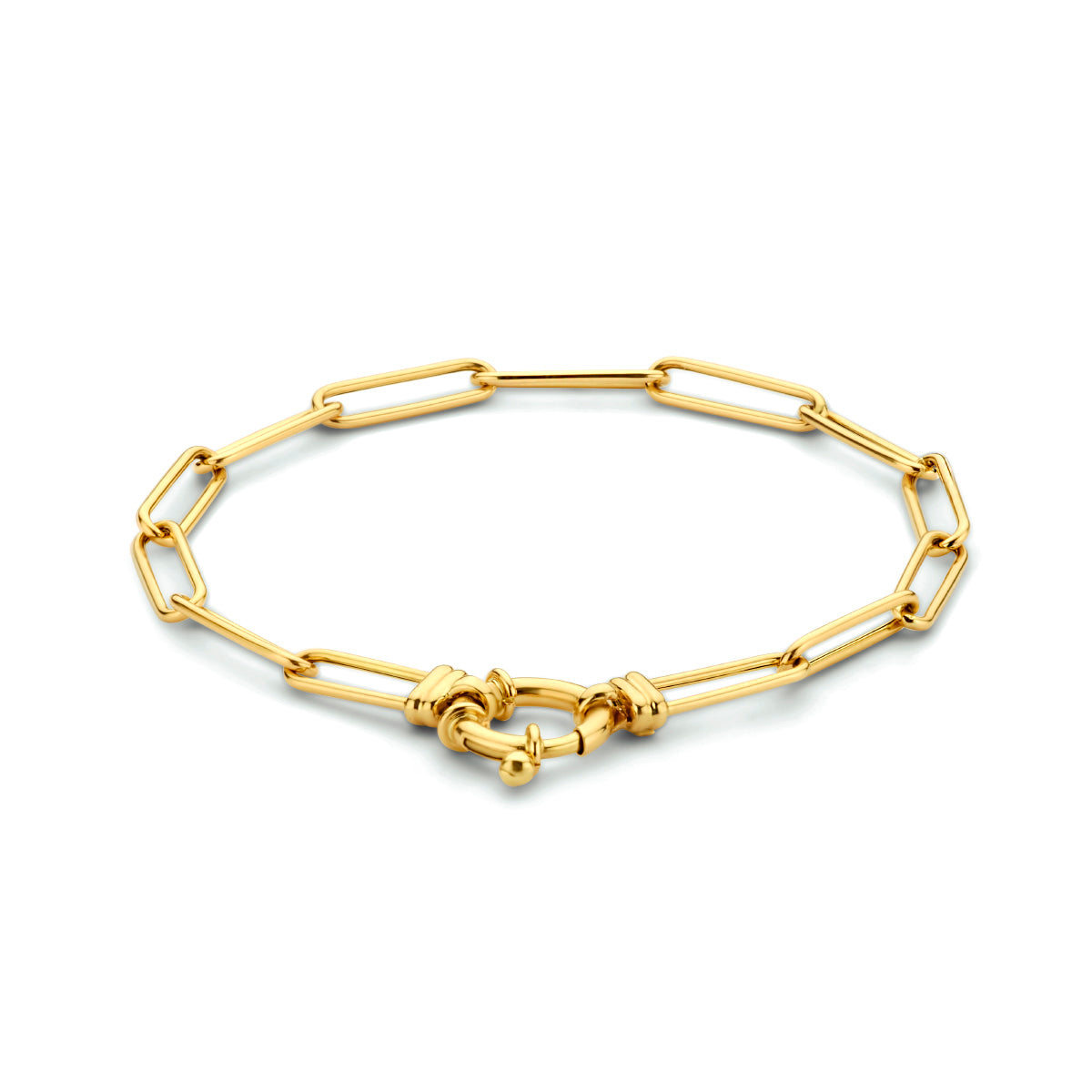 Vooraanzicht van de gouden paperclip armband van 14 karaat.