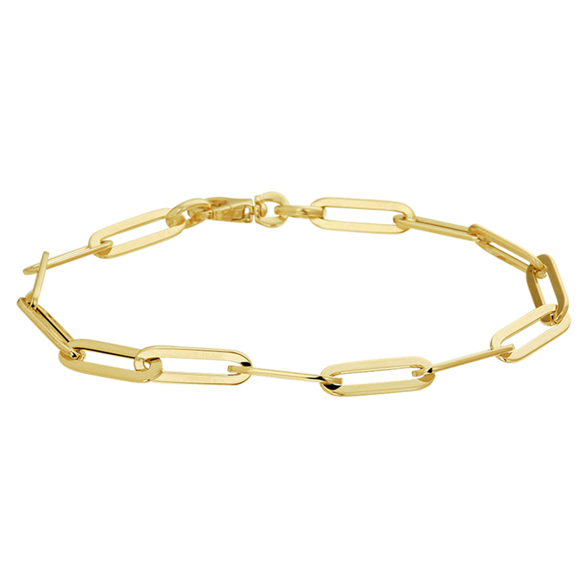 Vooraanzicht van de gouden paperclip armband van 14 karaat.