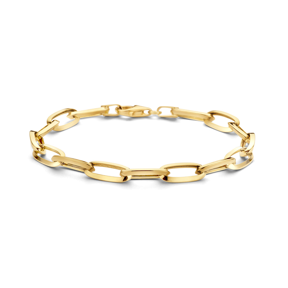 Vooraanzicht van de gouden paperclip armband van 14 karaat.