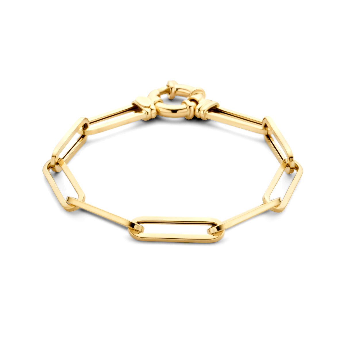 Vooraanzicht van de gouden paperclip armband van 14 karaat.