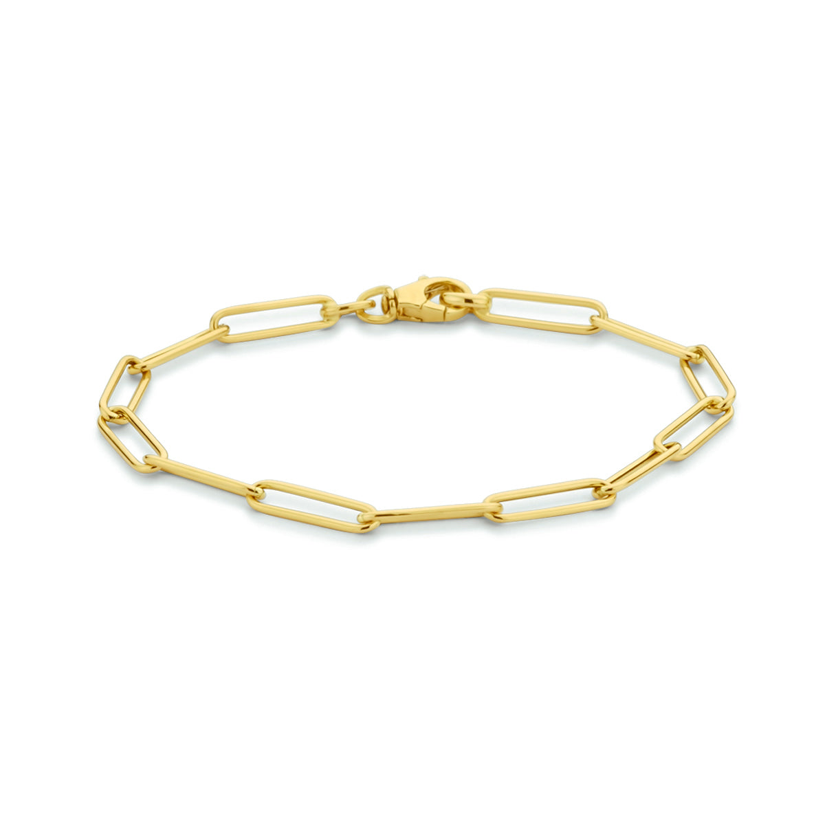 Vooraanzicht van de gouden paperclip armband van 14 karaat.