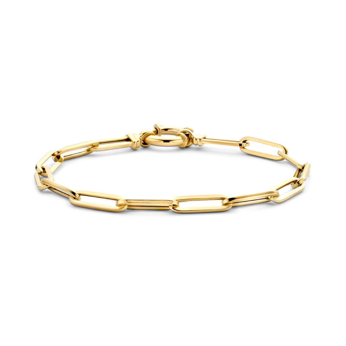 Vooraanzicht van de gouden paperclip armband van 14 karaat.