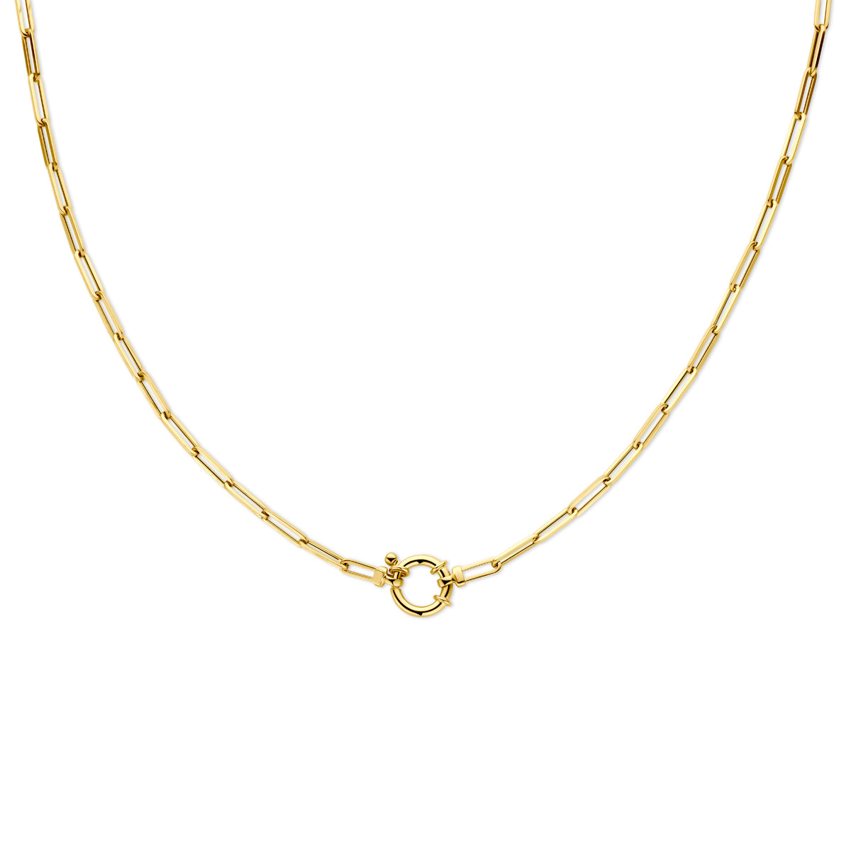 Vooraanzicht van de gouden paperclip ketting van 14 karaat.