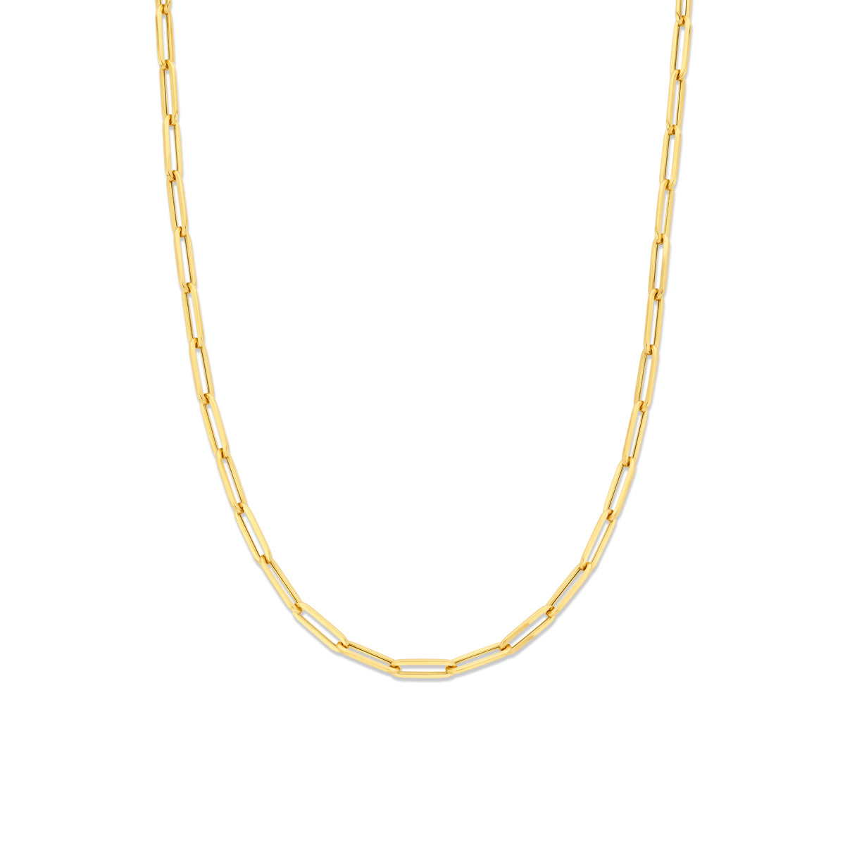 Vooraanzicht van de gouden paperclip ketting van 14 karaat.