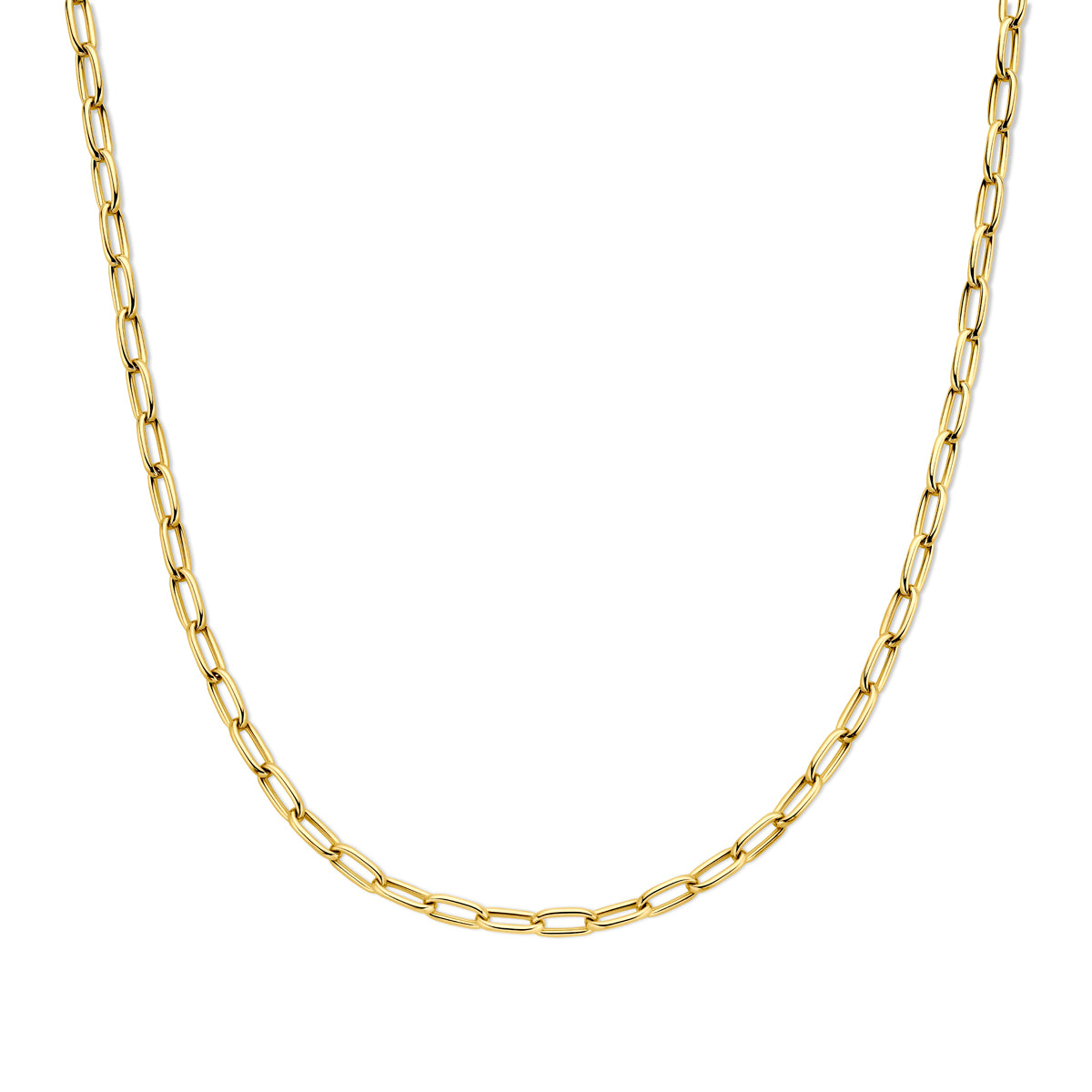 Vooraanzicht van de gouden paperclip ketting van 14 karaat.