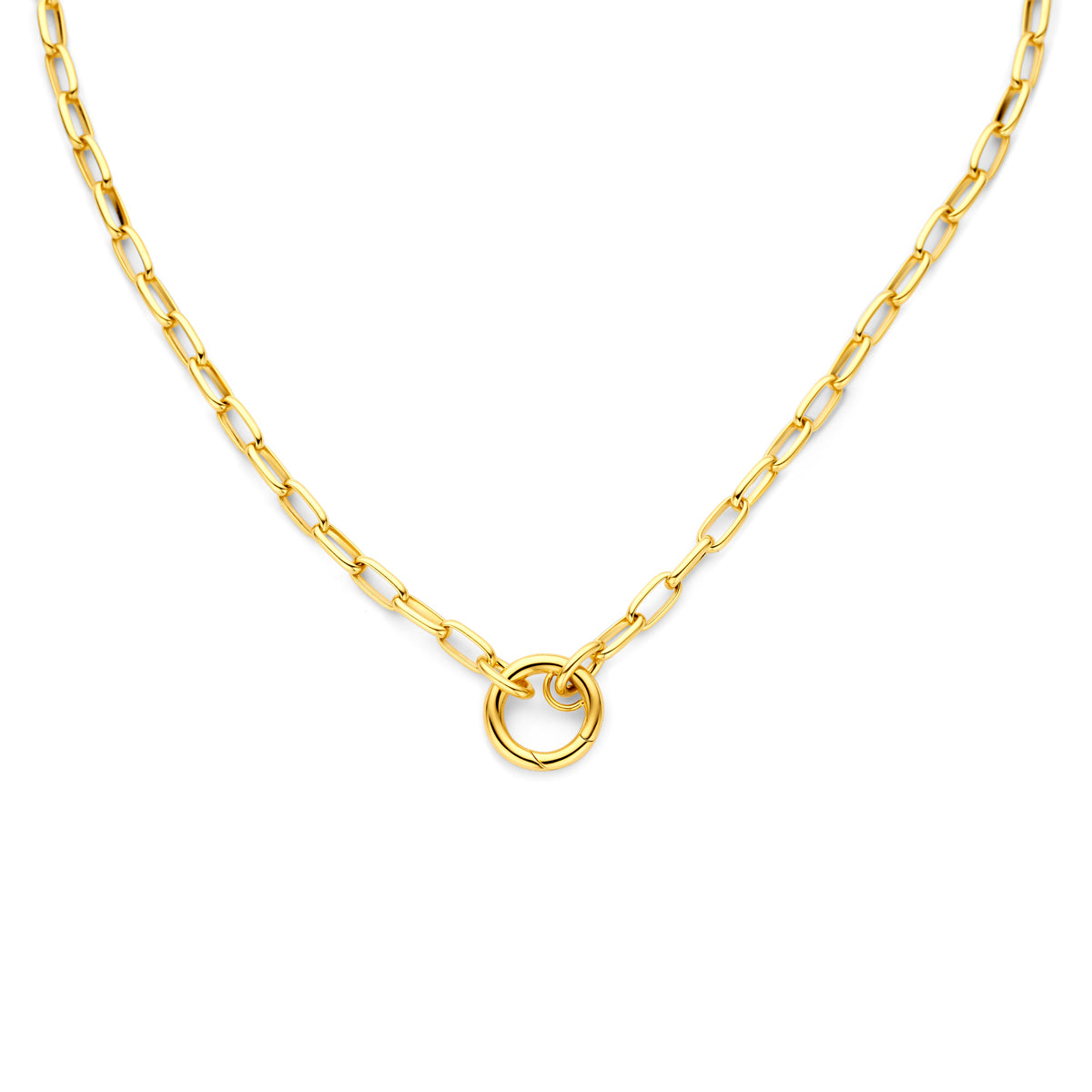 Vooraanzicht van de gouden paperclip ketting met connector van 14 karaat.