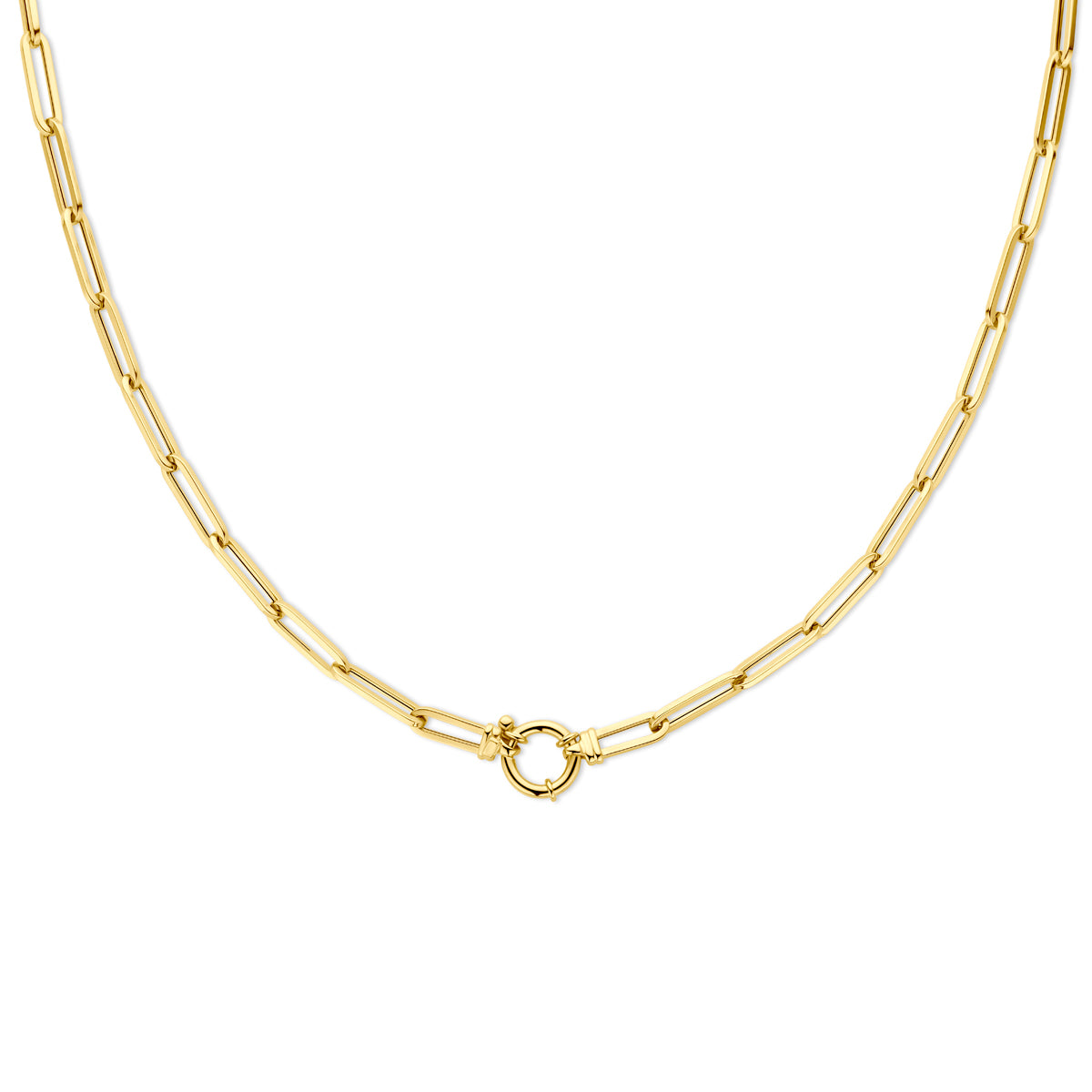 Vooraanzicht van de gouden paperclip ketting van 14 karaat.