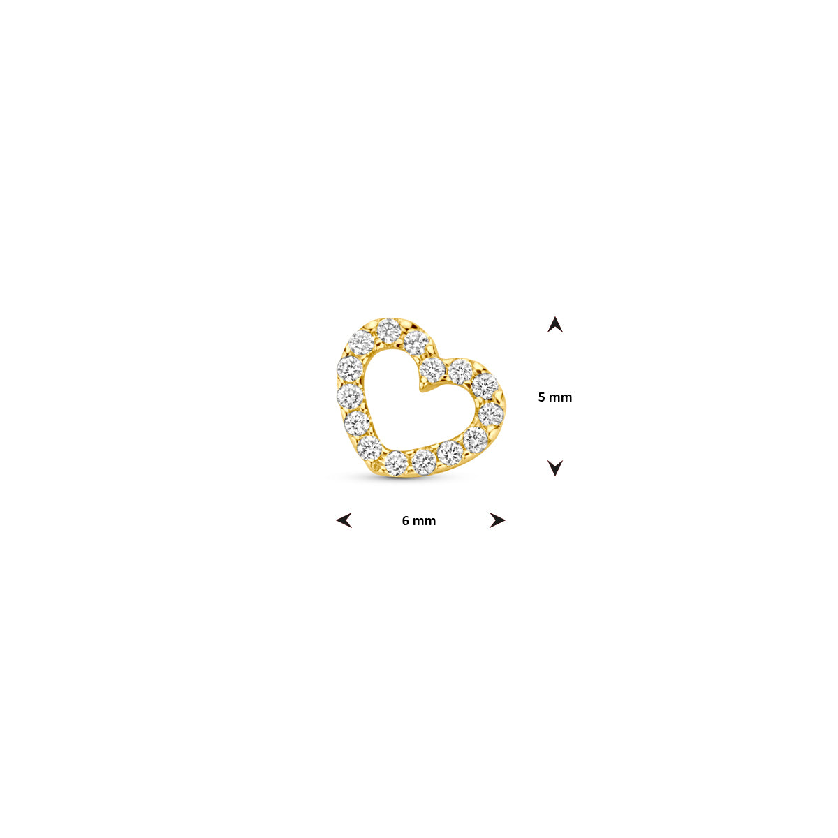 Afmetingen van de gouden pavé hartje hanger met diamant van 14 karaat: 5 mm hoog en 6 mm breed.