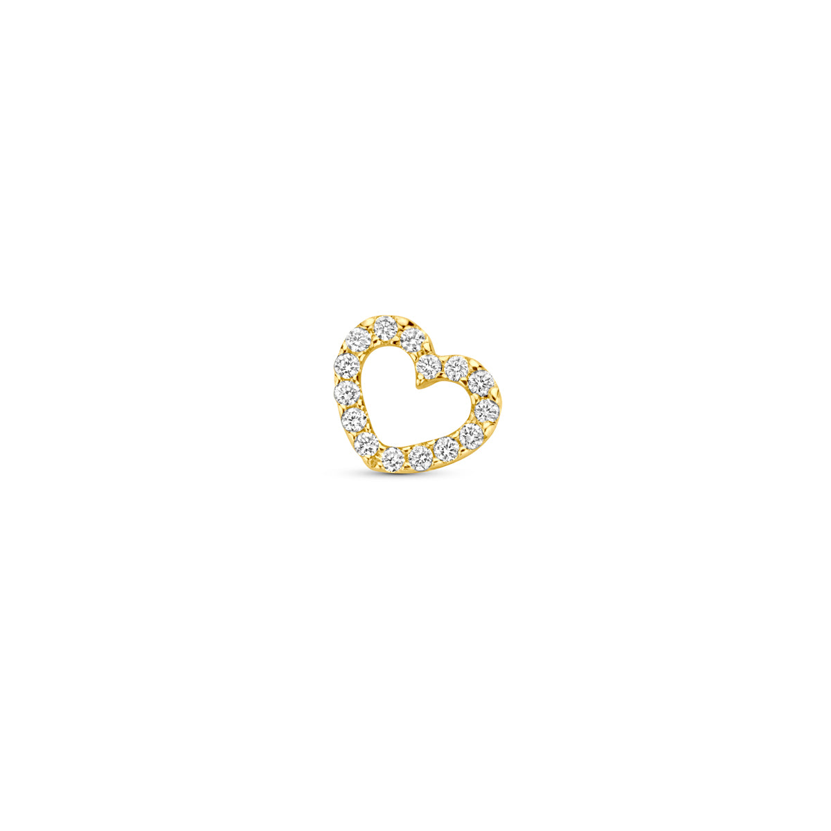 Vooraanzicht van de gouden pavé hartje hanger met diamant van 14 karaat.