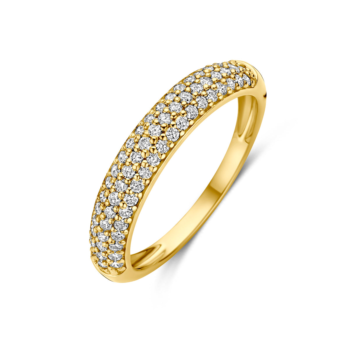 Schuin bovenaanzicht van de gouden pavé ring met lab grown diamant van 14 karaat.