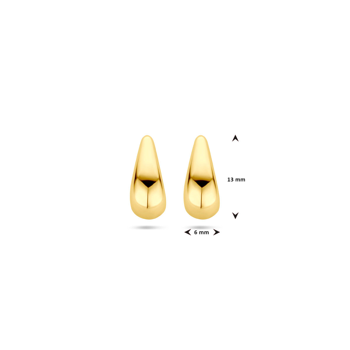 Afmetingen van de gouden peervormige oorknopjes van 14 karaat: 13 mm hoog en 6 mm breed.