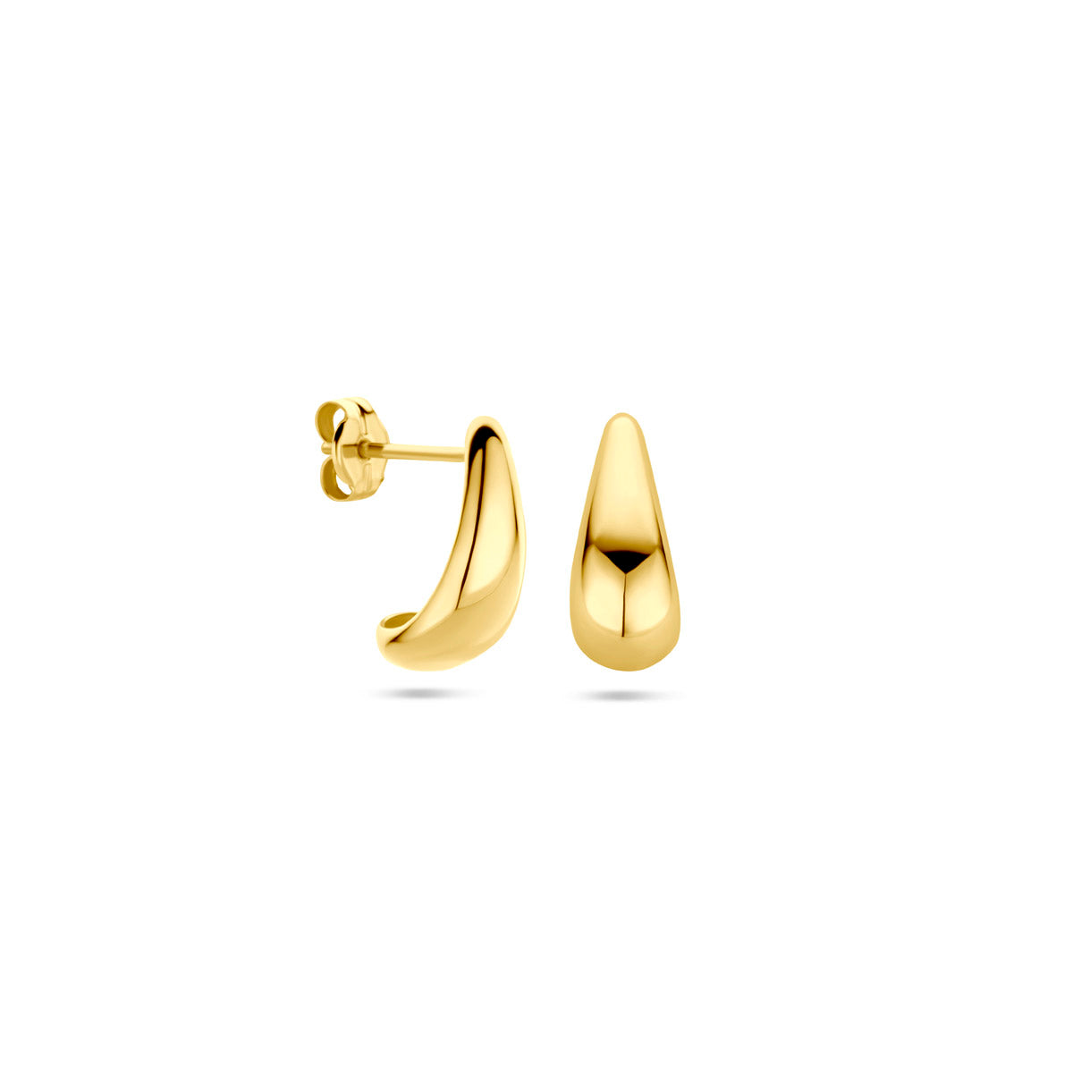Voor- en zijaanzicht van de gouden peervormige oorknopjes van 14 karaat.