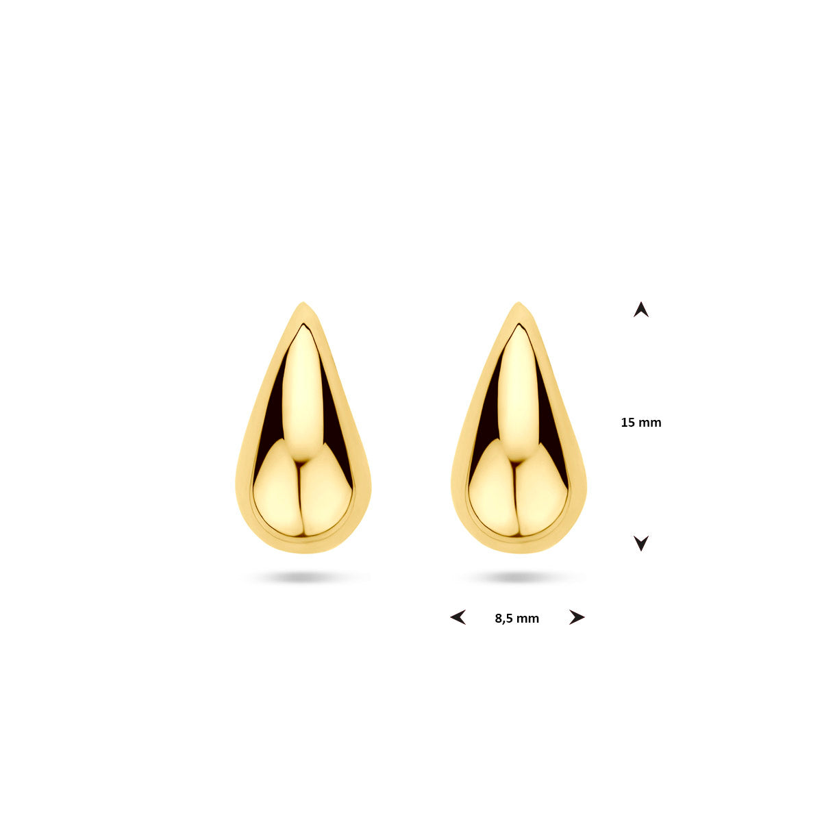 Afmetingen van de gouden peervormige oorknopjes van 14 karaat: 15 mm hoog en 8,5 mm breed.