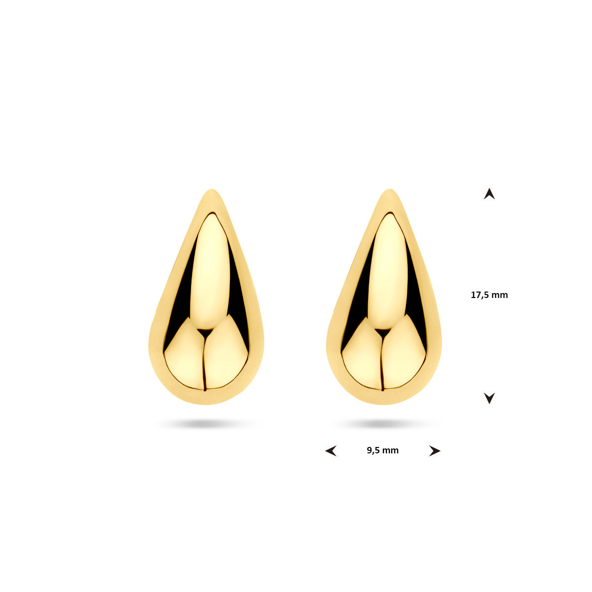 Afmetingen van de gouden peervormige oorknopjes van 14 karaat: 17,5 mm hoog en 9,5 mm breed.