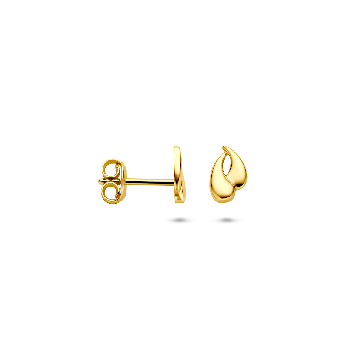 Voor- en zijaanzicht van de gouden peervormige oorknopjes van 14 karaat.