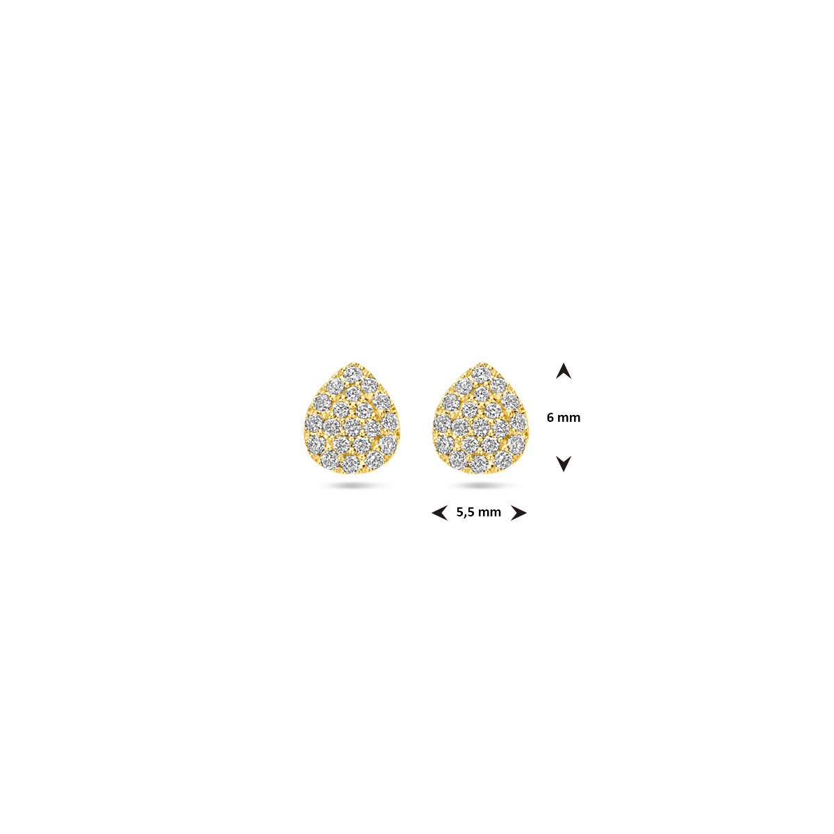 Afmetingen van de gouden peervormige oorknopjes met diamant van 14 karaat: 6 mm hoog en 5,5 mm breed.