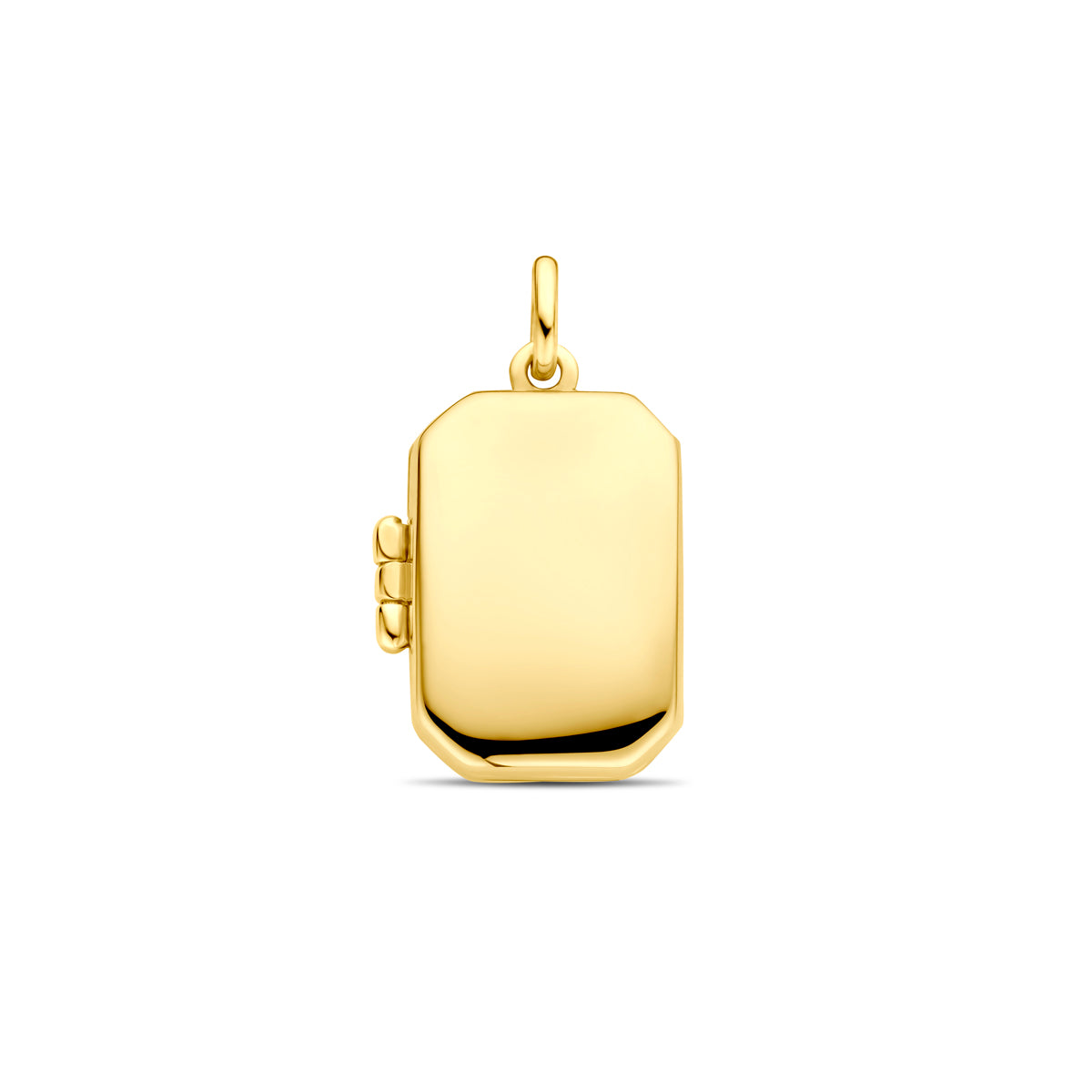 Vooraanzicht van de gouden rechthoekige medaillonhanger van 14 karaat.