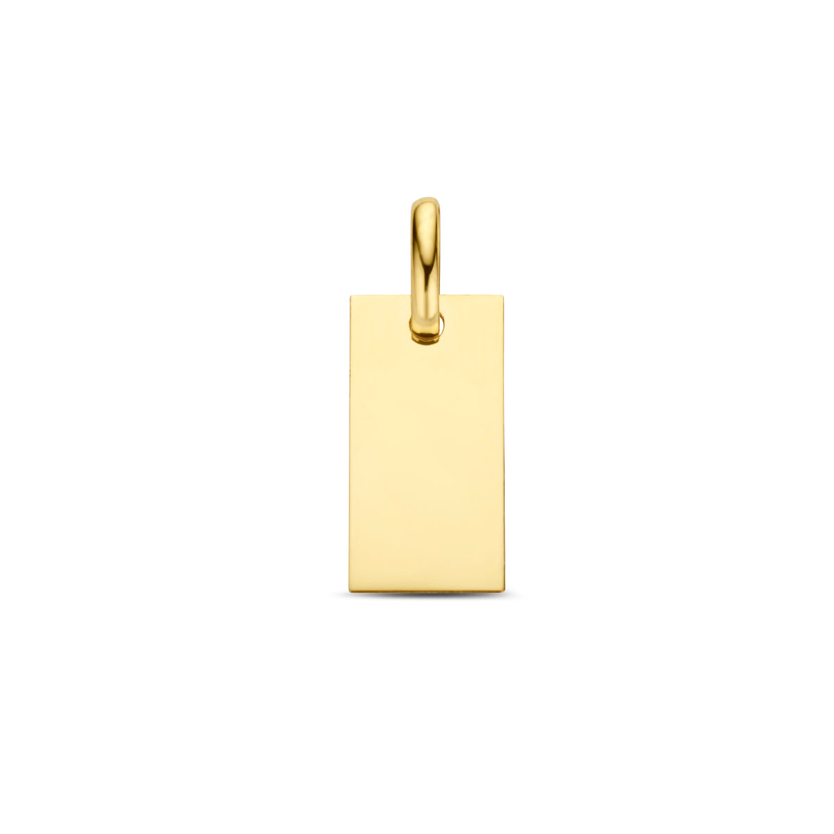Vooraanzicht van de gouden rechthoekige graveerhanger van 14 karaat.