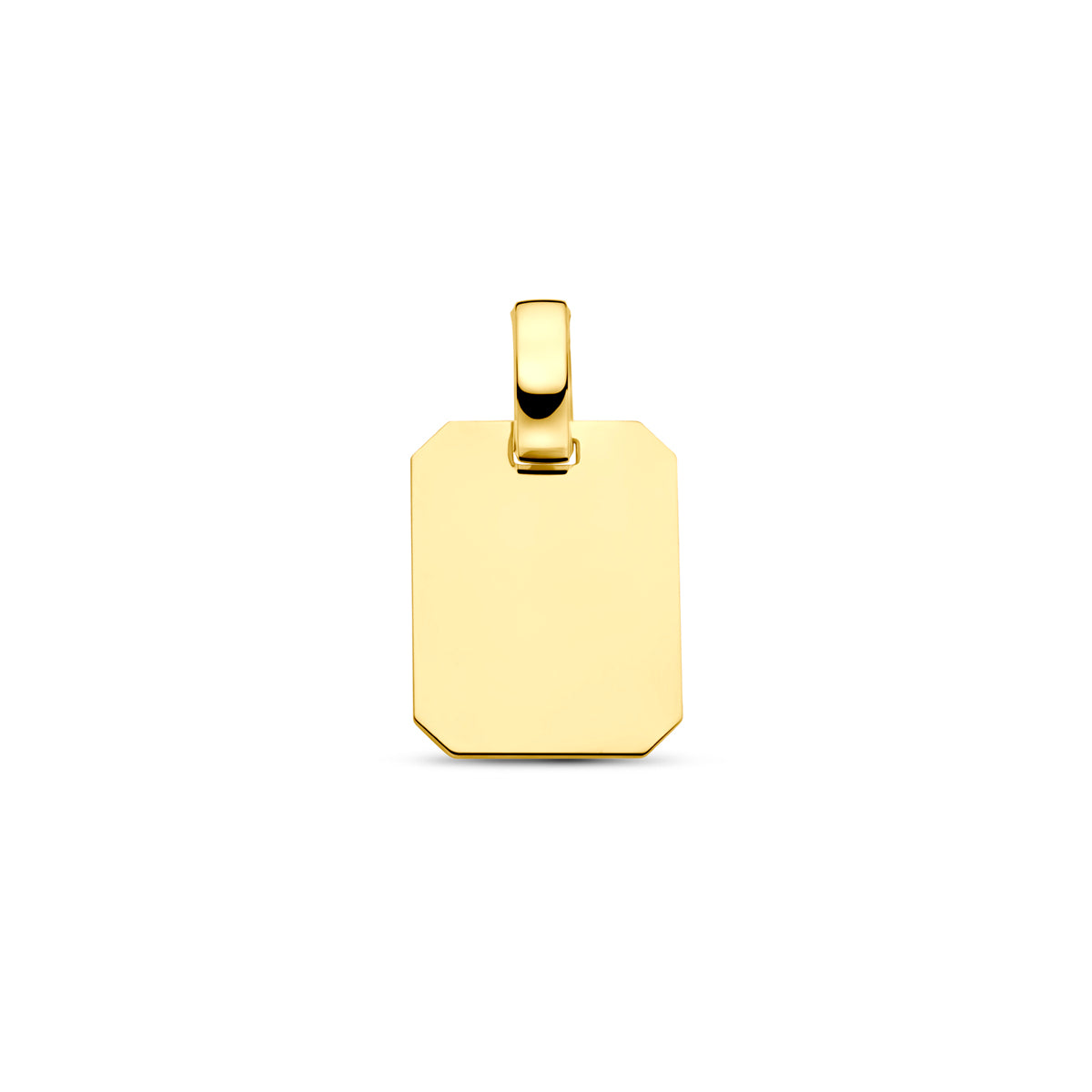 Vooraanzicht van de gouden rechthoekige graveerhanger van 14 karaat.