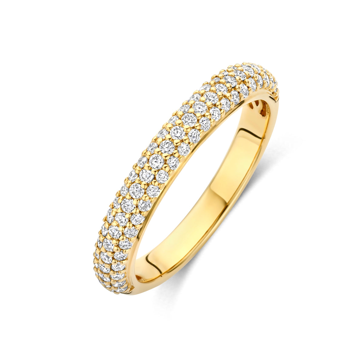 Schuin bovenaanzicht van de gouden ring met lab grown diamant van 14 karaat.