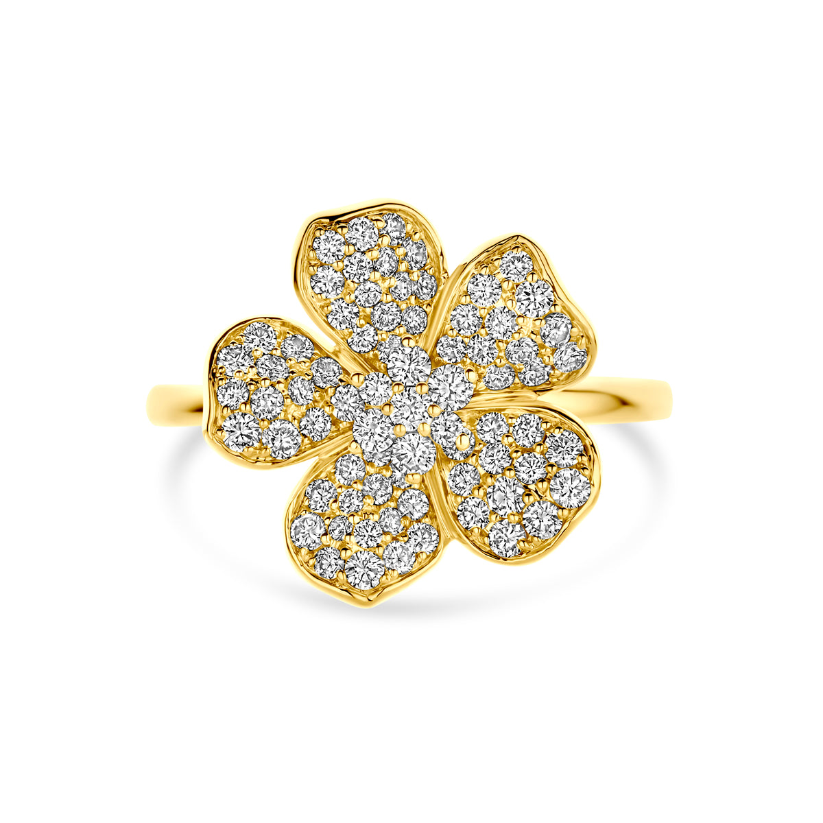 Bovenaanzicht van de 14 karaat gouden ring bloem met diamant pavé 0,75 ct, plat liggend van bovenaf gezien.