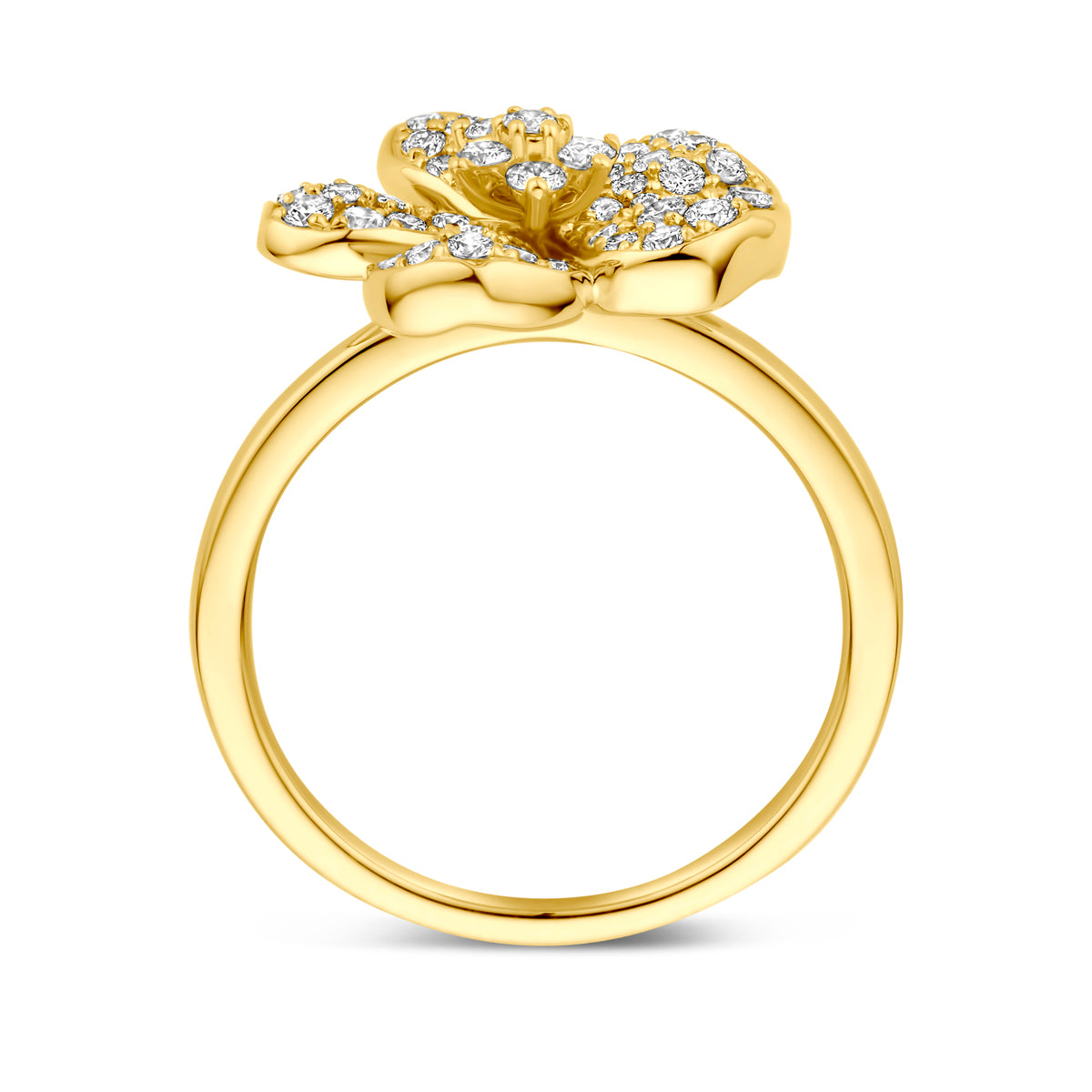Zijaanzicht van de 14 karaat gouden ring bloem met diamant pavé 0,75 ct, zodat het profiel van de ring zichtbaar is.