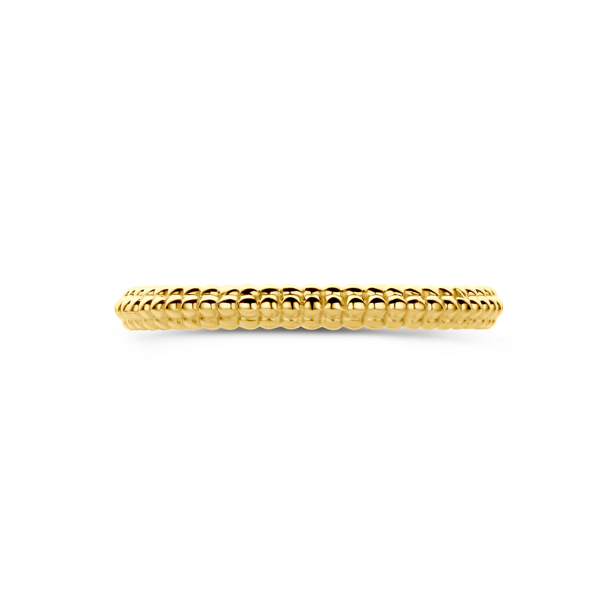 Bovenaanzicht van de 14 karaat gouden ring bolletjes, plat liggend van bovenaf gezien.