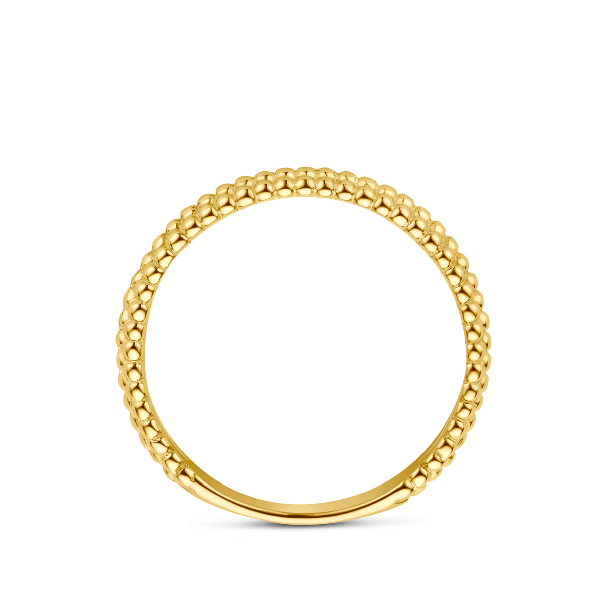 Zijaanzicht van de 14 karaat gouden ring bolletjes, zodat het profiel van de ring zichtbaar is.