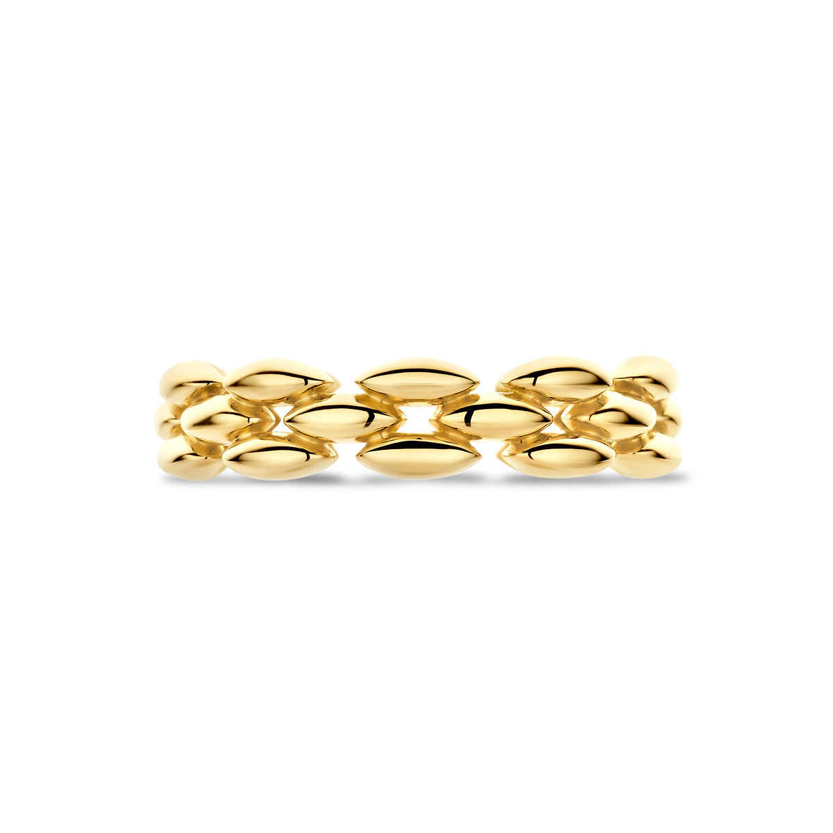 Bovenaanzicht van de 14 karaat gouden ring, plat liggend van bovenaf gezien.