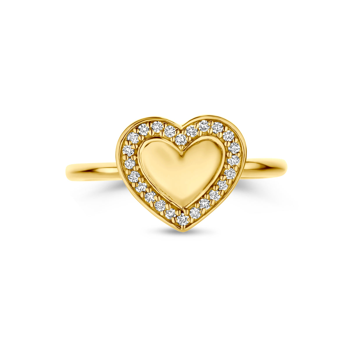 Bovenaanzicht van de 14 karaat gouden ring lab grown diamant 0,11 ct, plat liggend van bovenaf gezien.