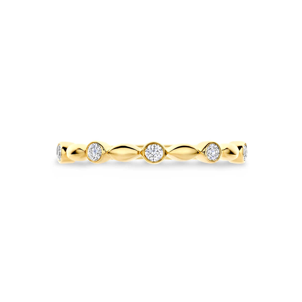 Bovenaanzicht van de 14 karaat gouden ring met lab grown diamant 0,13 ct, plat liggend van bovenaf gezien.