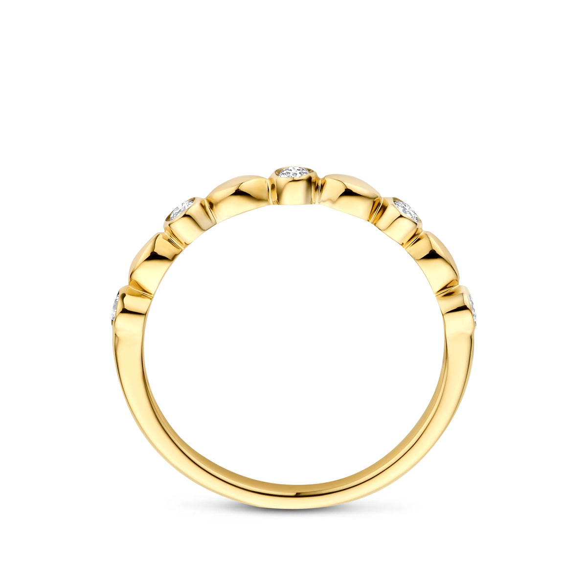 Zijaanzicht van de 14 karaat gouden ring met lab grown diamant 0,13 ct, zodat het profiel van de ring zichtbaar is.