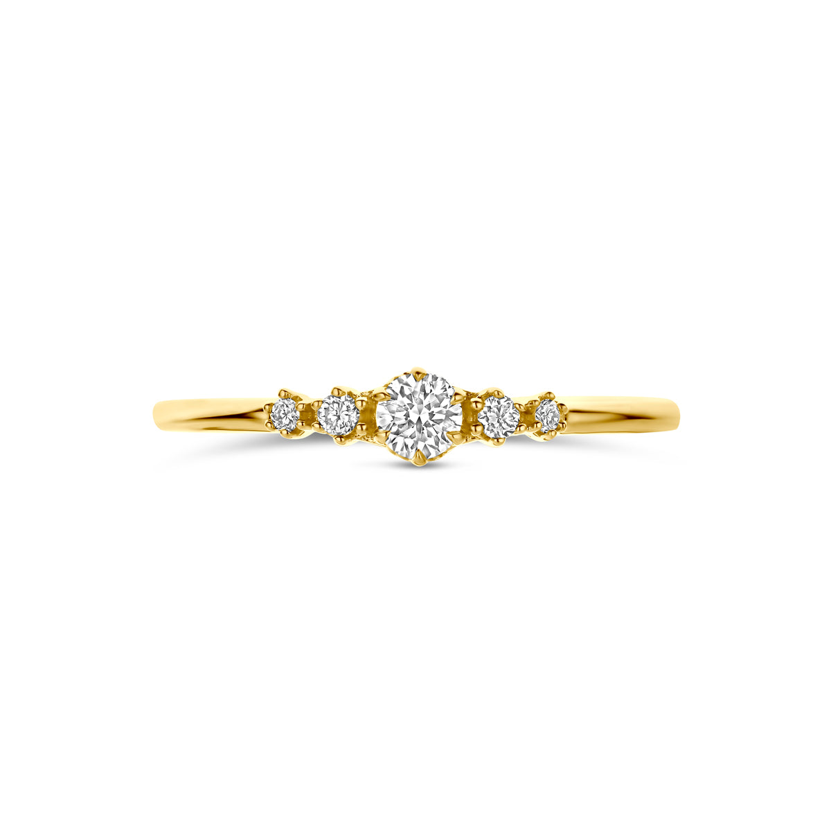 Bovenaanzicht van de 14 karaat gouden ring met lab grown diamant 0,20 ct, plat liggend van bovenaf gezien.