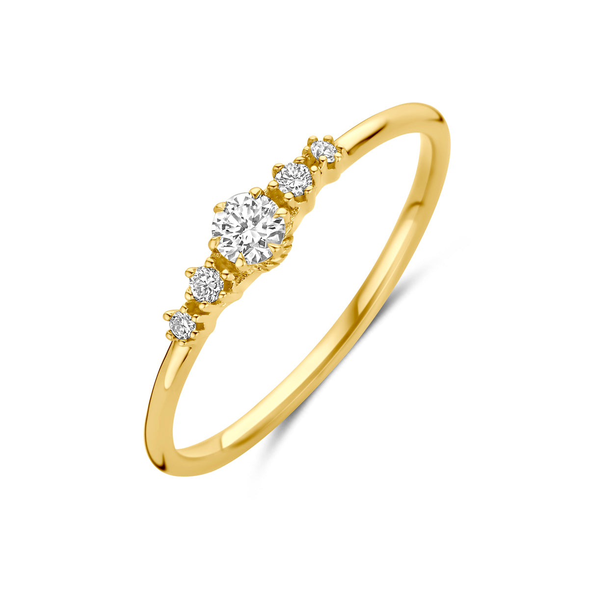 Schuin bovenaanzicht van de 14 karaat gouden ring met lab grown diamant 0,20 ct, 4 mm breed.