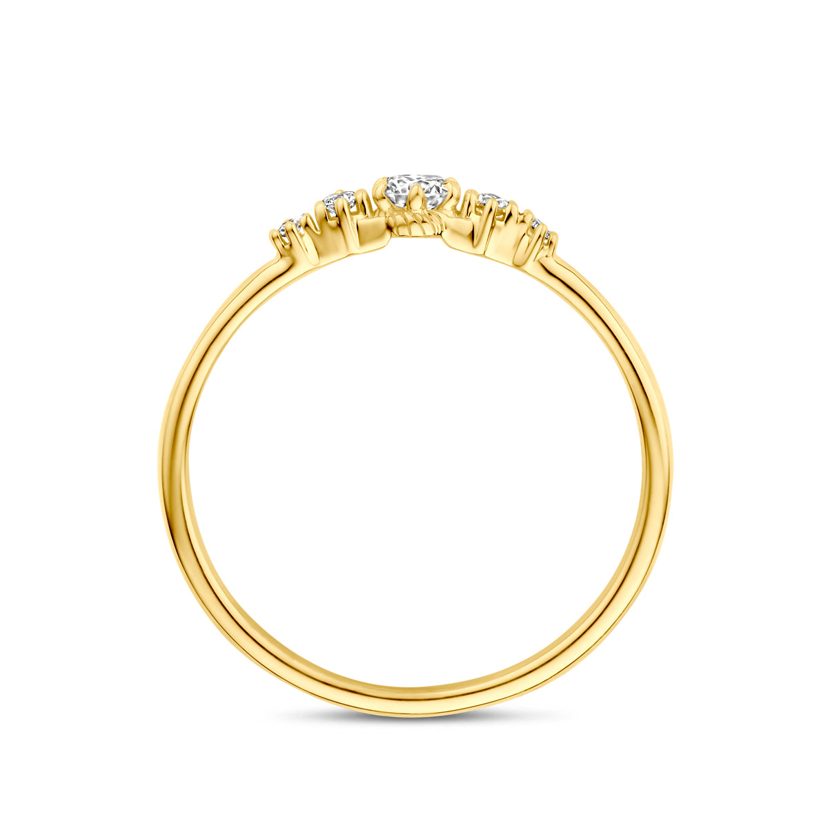 Zijaanzicht van de 14 karaat gouden ring met lab grown diamant 0,20 ct, zodat het profiel van de ring zichtbaar is.