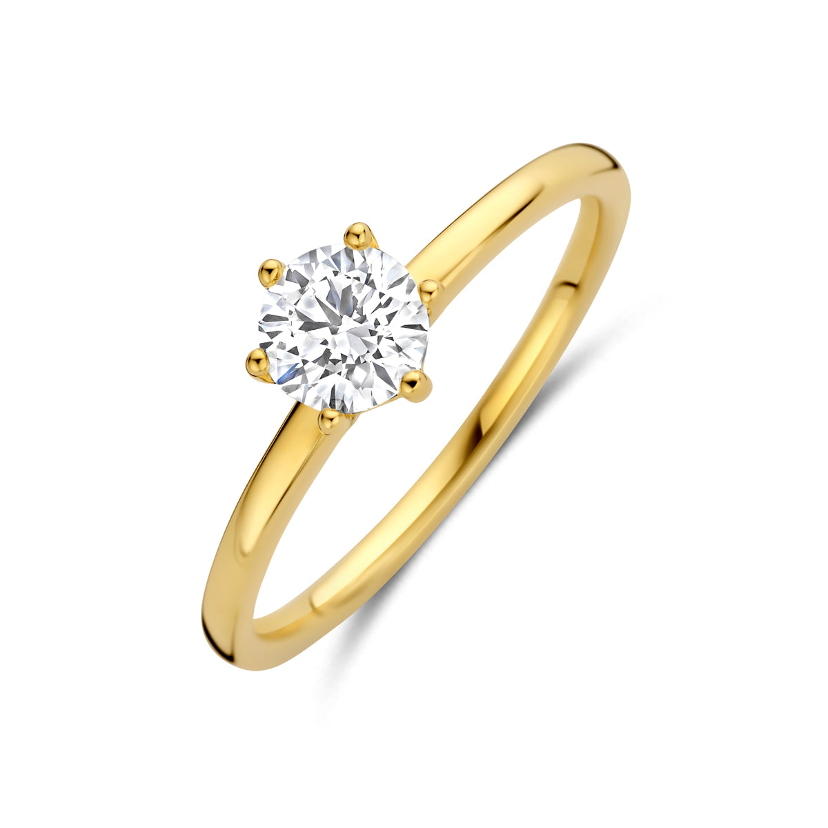 Schuin bovenaanzicht van de 14 karaat gouden ring met lab grown diamant 0,50 ct.