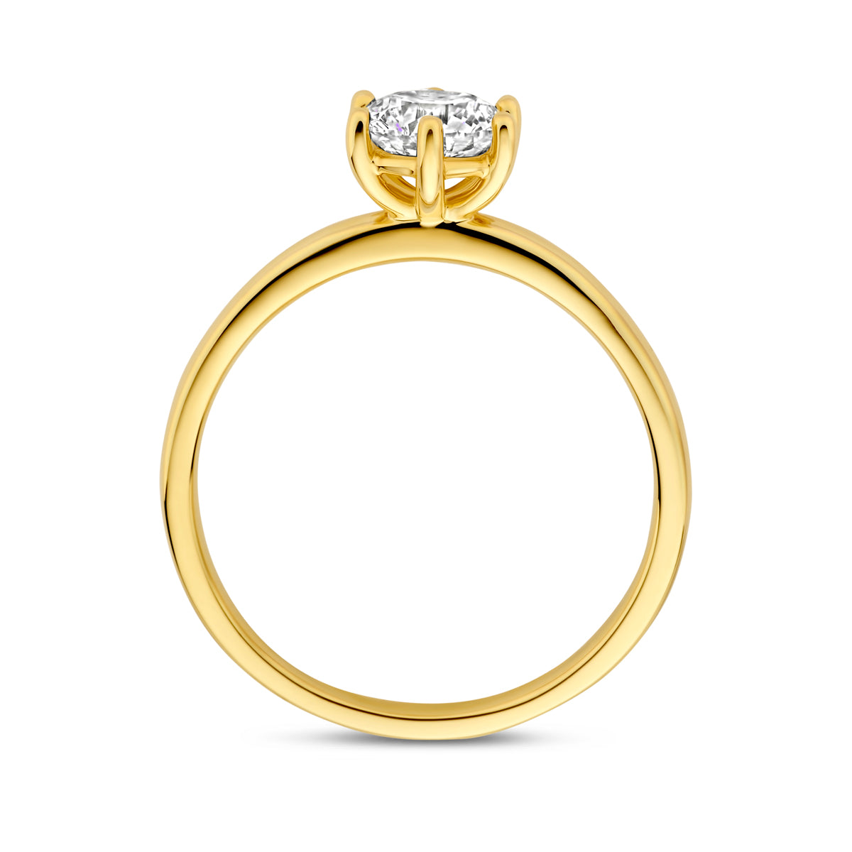 Zijaanzicht van de 14 karaat gouden ring met lab grown diamant 0,75 ct, zodat het profiel van de ring zichtbaar is.