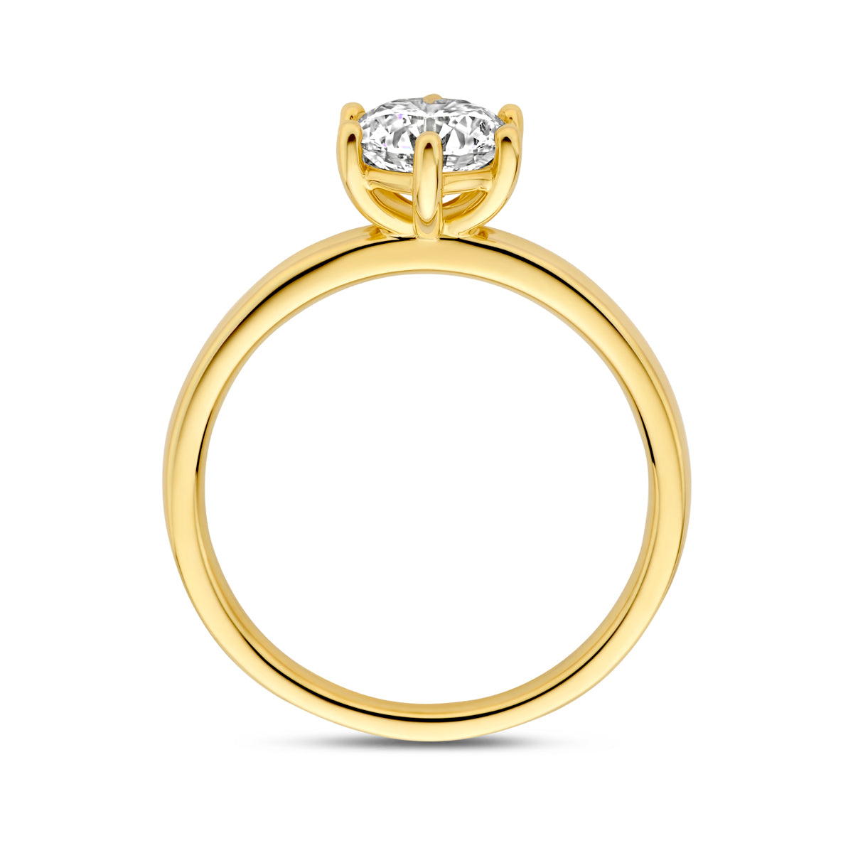 Zijaanzicht van de 14 karaat gouden ring met lab grown diamant 1,00 ct, zodat het profiel van de ring zichtbaar is.