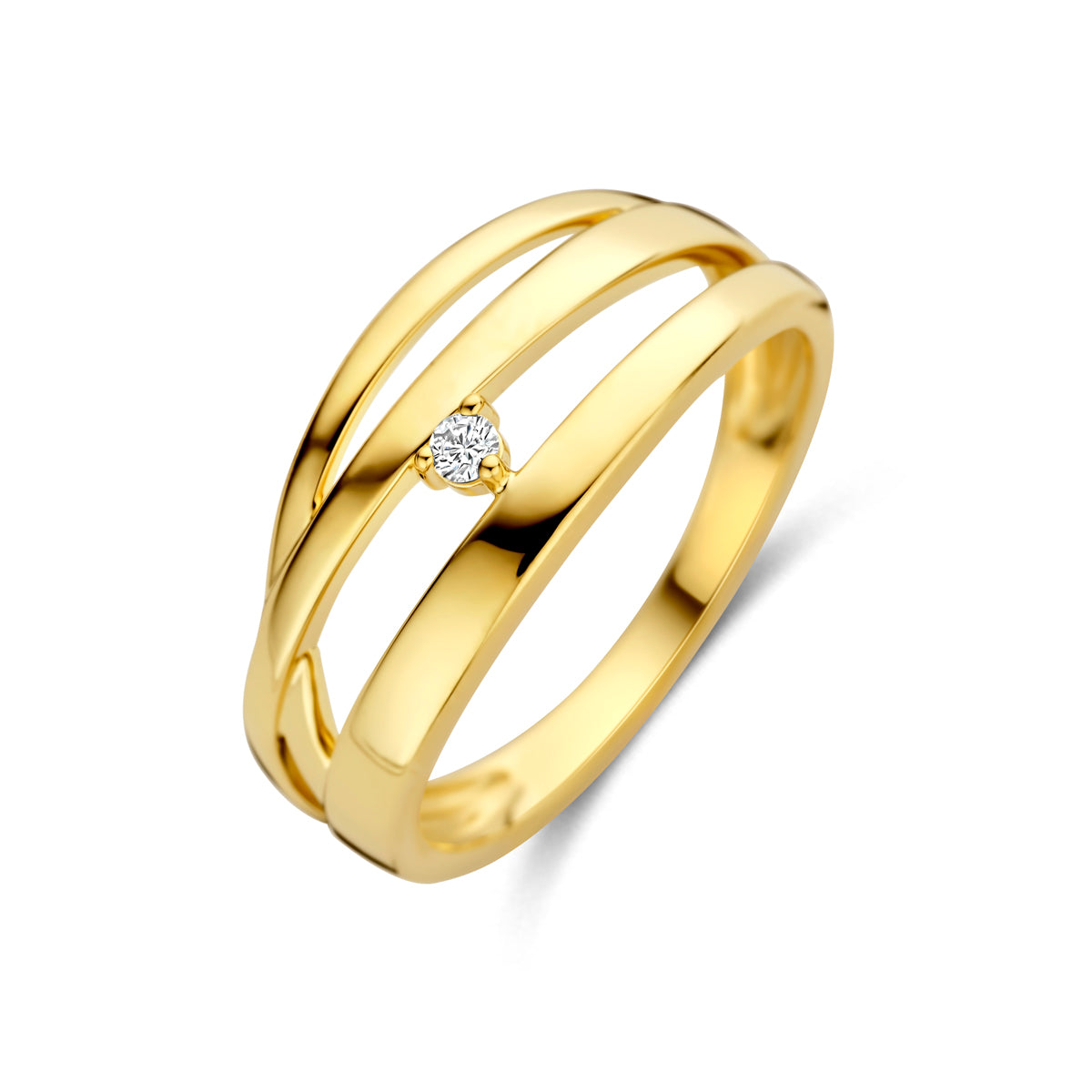 Schuin bovenaanzicht van de gouden ring met diamant van 14 karaat.