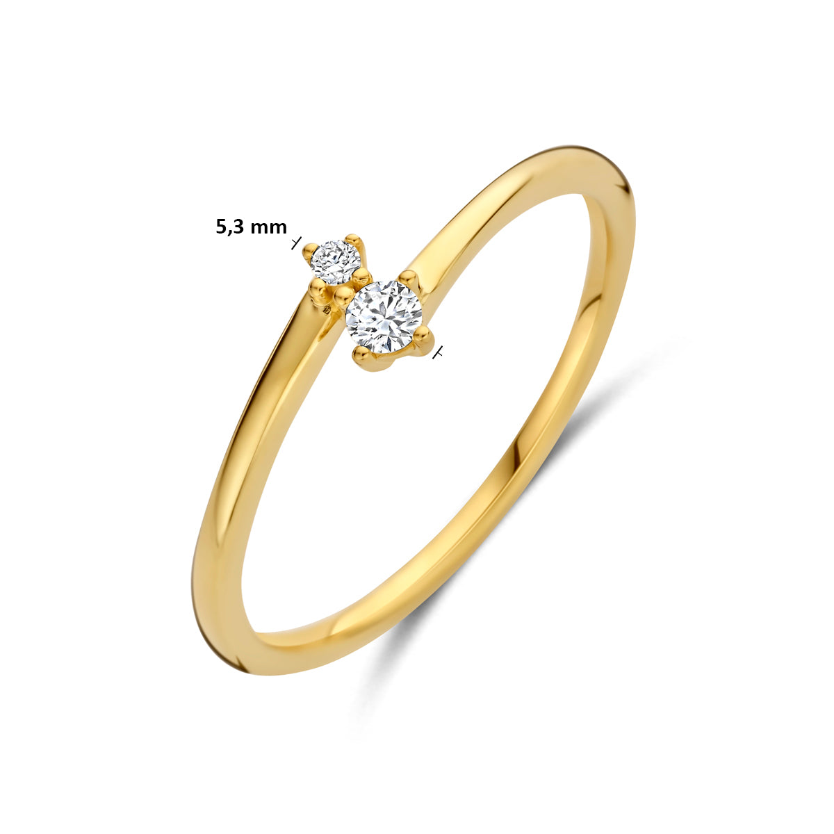 Afmetingen van de gouden ring met diamant van 14 karaat: 5,3 mm breed, steen 2,5 mm.