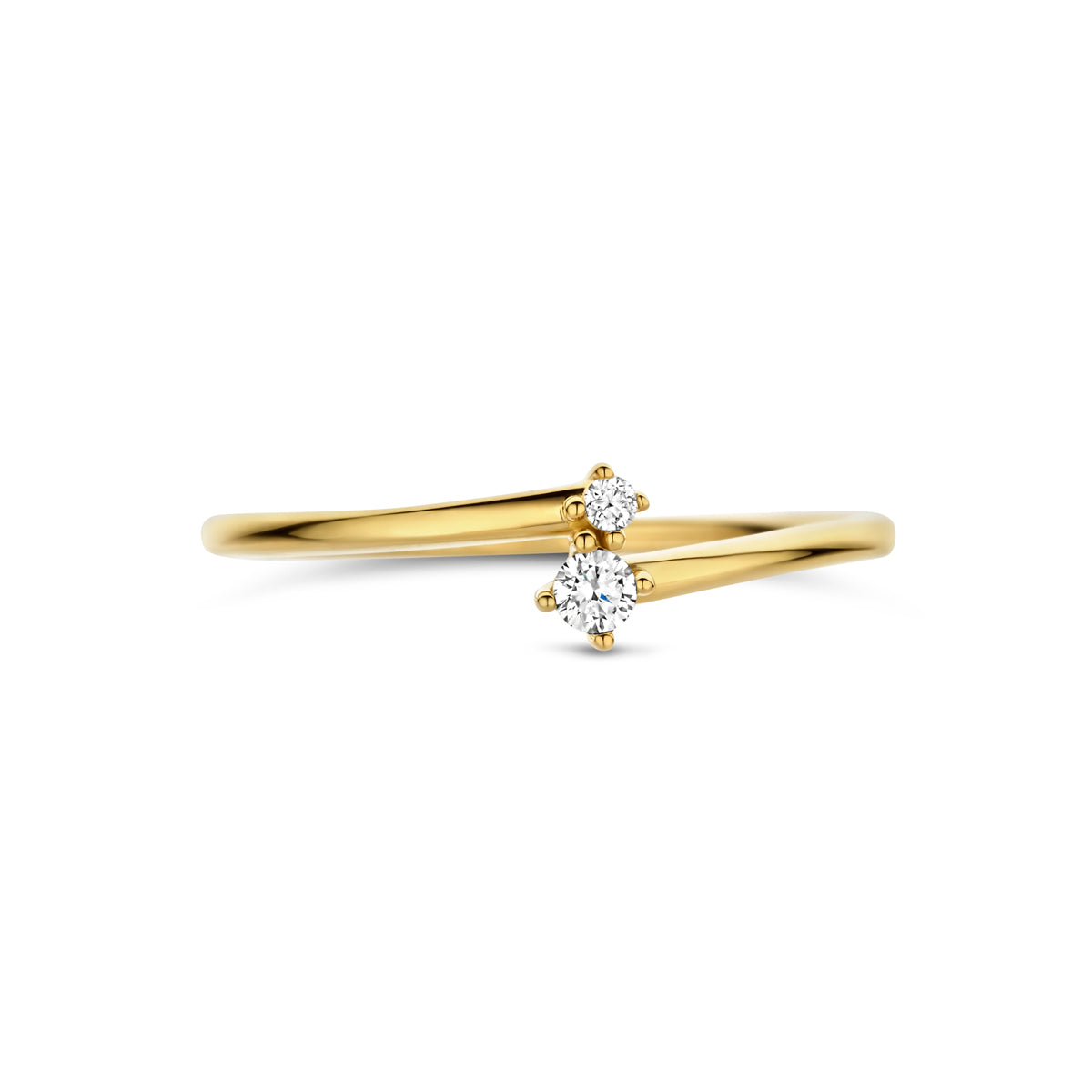 Bovenaanzicht van de gouden ring met diamant van 14 karaat.