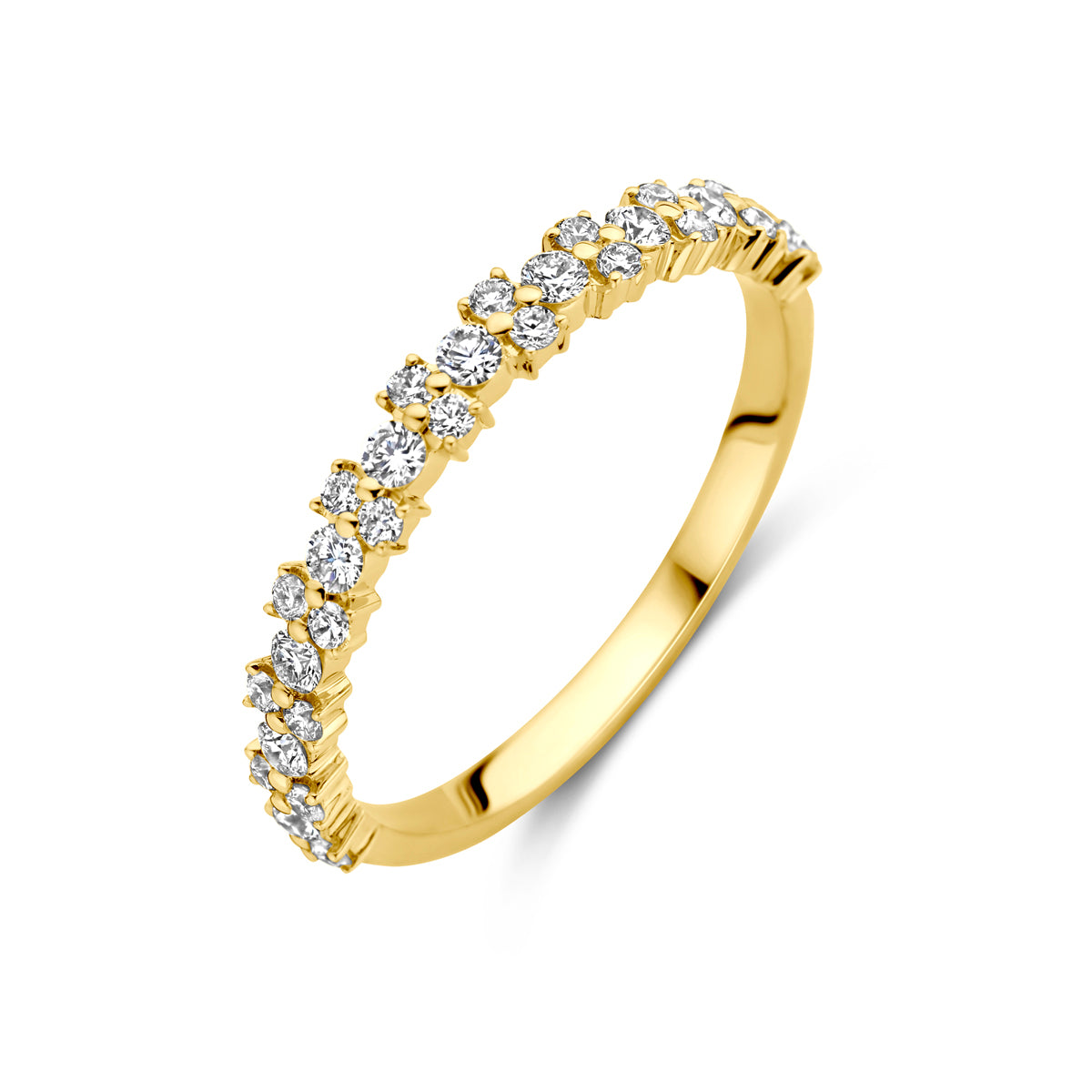 Schuin bovenaanzicht van de gouden ring met diamant van 14 karaat.