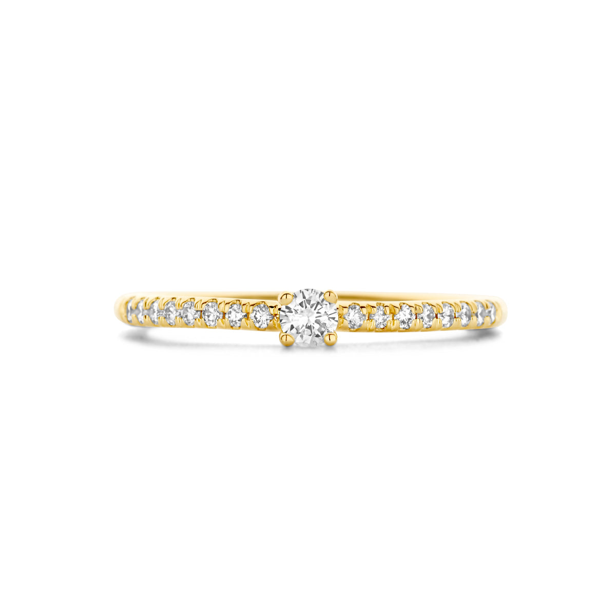 Bovenaanzicht van de gouden ring met diamanten van 14 karaat.