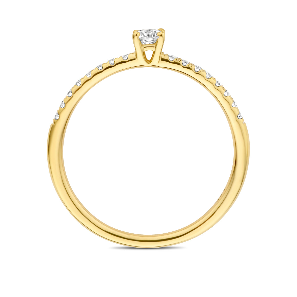 Model draagt de gouden ring met diamanten van 14 karaat aan de hand.